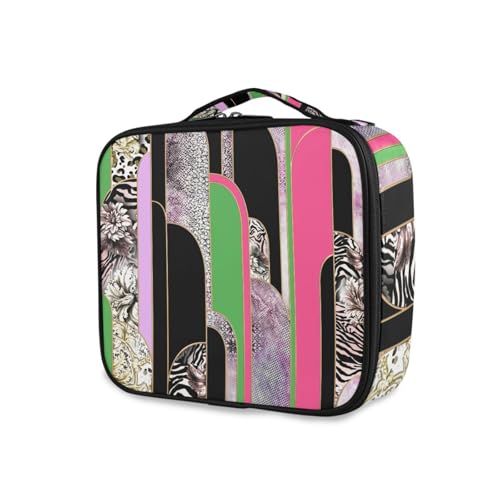 OTVEE Makeup Bag Green and Pink Animals Prints Travel Cosmetic Bag Large Train Case with Adjustable Dividers
