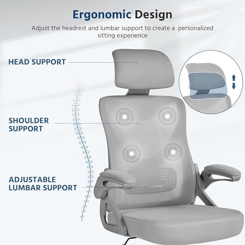 Image of Yaheetech Ergonomic Office Chair with Headrest, Lumbar Support, Grey | Breathable mesh high-back adjustable headrest, padded seat, and flip-up armrests supports your back and neck, holds 300lb