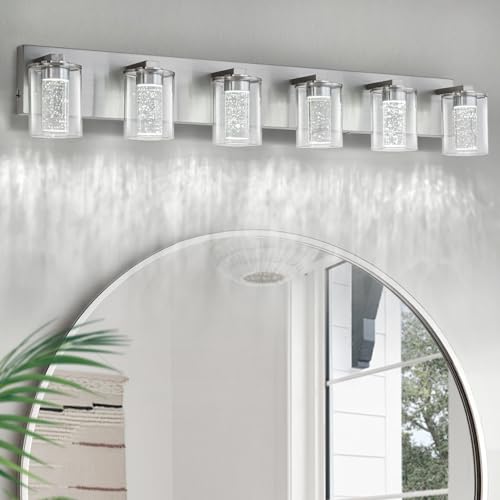Image of SineRise Bathroom Vanity Light with 3 Color Modes (3000K /4000K /6000K), Eye Protection LED Bathroom Light Fixture, Dimmable Modern Wall Light Over Mirror with Clear Glass Shade (Nickel, 6-Light)