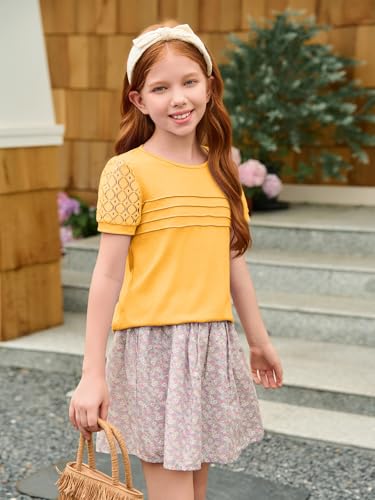 Haloumoning Girls Short Sleeve T Shirts Kids Summer Lace Crewneck Tops Fashion Pleated Tees 5-14 Years4