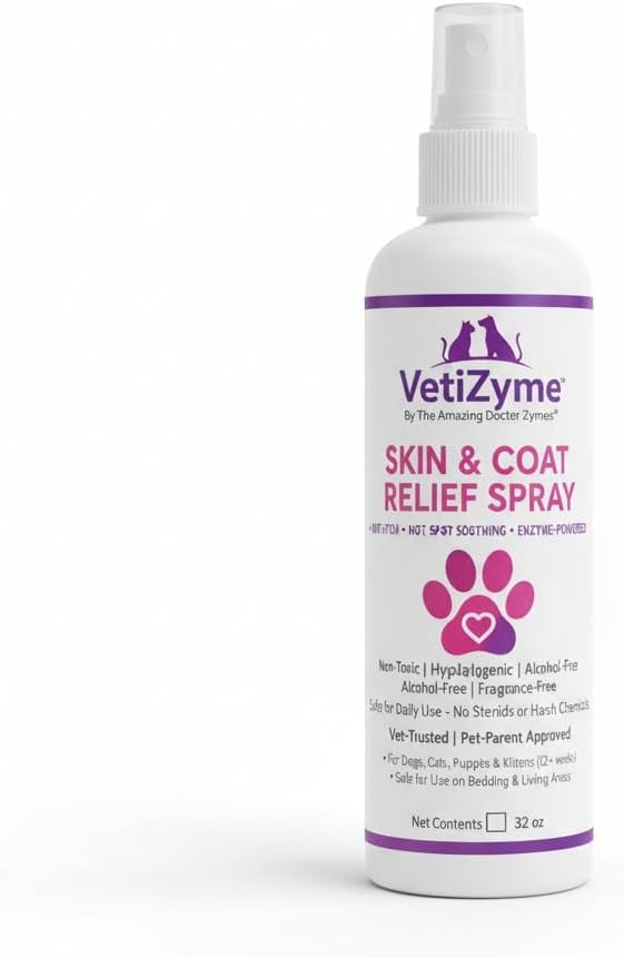 VetiZyme Skin & Coat Relief Spray – Natural Itch Relief for Dogs & Cats – Soothes Hot Spots, Irritation, Dry Skin & Allergies – Non Toxic, Chemical Free, Plant-Based Pet Spray – Safe & Gentle