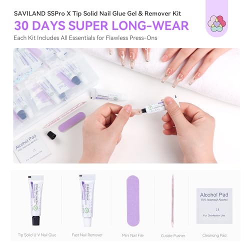 SAVILAND Solid Nail Glue Gel & Remover Kit: Press On Nail Packaging 10-Pack Travel Pocket-sized Press On Nail Tool Kit Nails Glue Long-Wear with 5s Fast Gel Nails Glues Remover