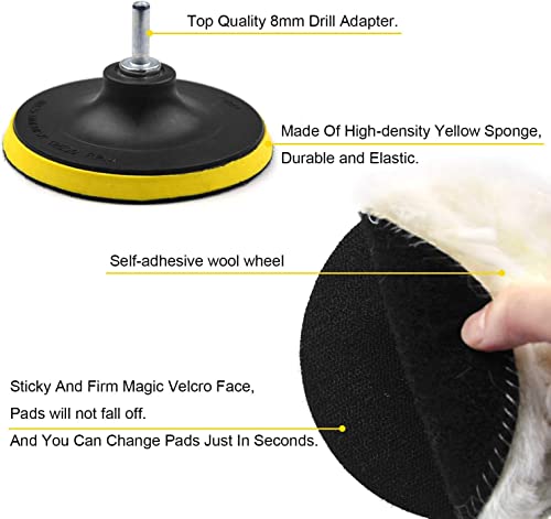 5 Inch Buffing Wool Pads 8Pcs Kits, Felt Polishing Pad Buffing Wheel For Drill Woolen Wax Pad And Hook & Loop Backing Plate With 8Mm M14 Drill Adapter For Car & Boat Polishing, Waxing, Sealing, Glaze #TOP2