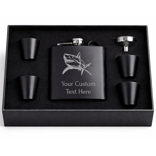 Personalized Bull Shark Laser Engraved Flask – 6 oz Stainless Steel Hip Drinking Matte Black Flask, Box, Shot Glasses, Funnel - Custom Name, Customized Text, Gift Laser Etched, Gift for Him, Her