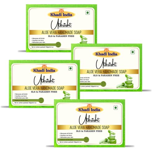 Image of Khadi Aloe Vera Handmade Bathing Soap Bar 125g (Pack of 4) | Natural & Herbal | Deep Hydration, Fights Acne & Pimples, Heals Wounds | Soft, Glowing & Brightening Skin | All Skin Types