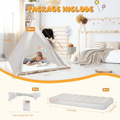 6 Pack Teepee Tent for Kids [Thickened and Upgraded] with Light String and Inflatable Airbed, Slumber Party Tents, Sleepover Tents Party for Girls Boys Indoor Outdoor (White) - Thumbnail 2
