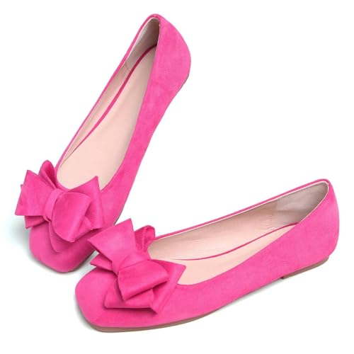 JiangWei Shu Women's Bow Ballet Flats Soft PU Leather Flats Dressy Square Toe Flats Slip-on Loafers for Office4
