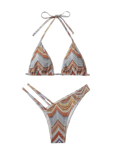SHENHE Women's 2 Piece Striped Triangle Bikini Sets High Cut Halter Swimsuit Bathing Suit