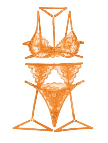 Image of Lilosy Sexy Choker Floral Lace Scallop Sheer Underwire Push Up Garter Belt Lingerie Set 3 Piece for Women See Through Bachelorette Bra and Panty Neon Orange Medium