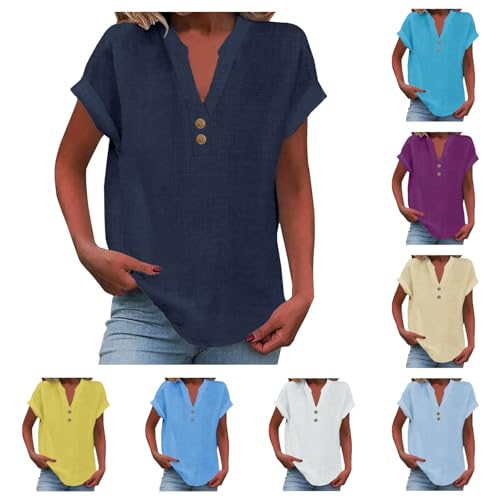 Chemise Femme Coton Et Lin Chemisier élégant à col en V pour Femme Tunique T-Shirt décontracté à Manches Courtes et col Hauts pour été Femmes Grande Taille...