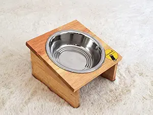 ClowderX Premium Pet Feeding Bowl for Cats | Single Steel Bowl with Rubber Wood Stand | 300ml, Medium