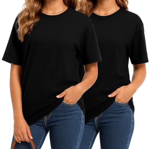 Combed Cotton Summer Tops for Women – Short Sleeve Crewneck T-Shirts, Compact Knit Loose Fit Basic Tees 2 Pack Black White