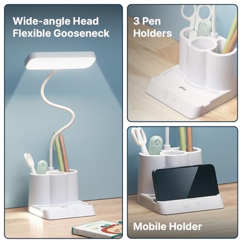 Image of pTron 5W EaseMate Study Lamp L1, 6 Hrs Runtime max., Seamless Dimming, 3 Colour Modes, Adjustable Brightness Levels, Table Lamp for Study, Pen Stand, Night Lamp, Flexible Neck, Type C Charging (White)