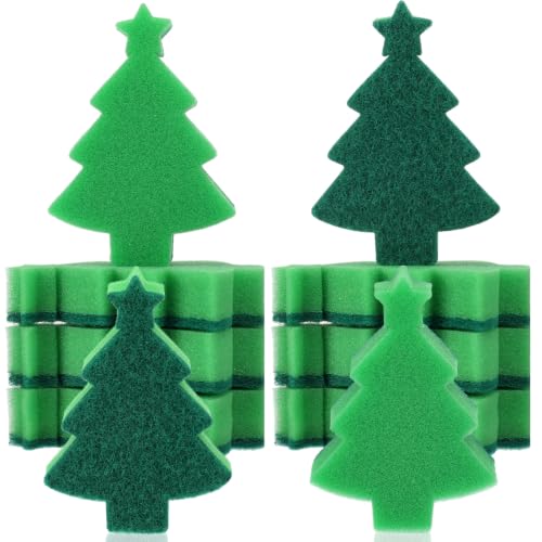 Image of Tioncy 12 Pack Christmas Tree Kitchen Sponges Bulk Cute Green Tree Dual Sided Scrubber Sponges Dishwashing Kitchen Cleaning Accessories for Home Decor Household Supplies
