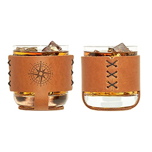 Oowee Products | Compass Leather Wrapped Rocks Glass | Box Set | Comes With Two 9.6 Ounce Glasses | Genuine Leather | Made In The Usa #TOP1