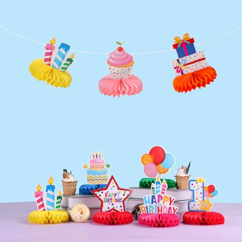Image of 9pcs Colorful Happy 1st Birthday Honeycomb Centerpieces Colorful First Birthday Party Decorations Let's Party Tabletop Centerpieces Baby Shower One Year Celebration Table Topper Sign Decors
