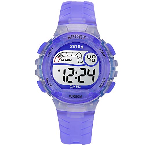 Reloj Digital para Niña Niño,Chicos Chicas 50M(5ATM) Impermeable Deportes LED al Aire Libre Relojes de Pulsera Multifuncionales con Alarma para Niños, Niñas, Estudiantes ( Luz púrpura)
