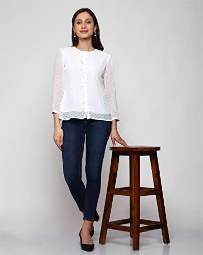 Image of PRETTIFY Women's Regular Fit Solid Embroidery Georgette Waist Length, 3 /4 Sheer Sleeve, Round Neck Casual Wear Western Shirt Top for College /Office Girls