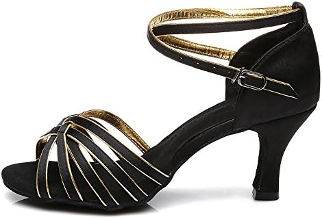 DKZSYIM Women's Black+Gold Satin Latin Dance Shoes Ballroom Performance Shoes,Model 213-7, 7.5 B(M) US
