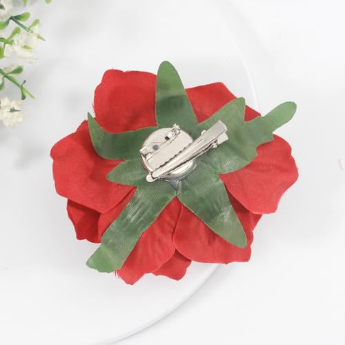 Image of 3.9 Inches Dark Red Rose Hair Clip Flower Brooches for Women | Elegant Design Valentines Flower Hair Pins for Women | Charming Lapel Brooch Pin Red Flowers Accessories | Valentines Day Gifts for Her