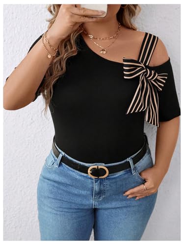 SOLY HUX Women's Plus Size Cold Shoulder Tops Summer Dressy Striped Bowknot Tunic Top Short Sleeve Fitted Tee Shirts4