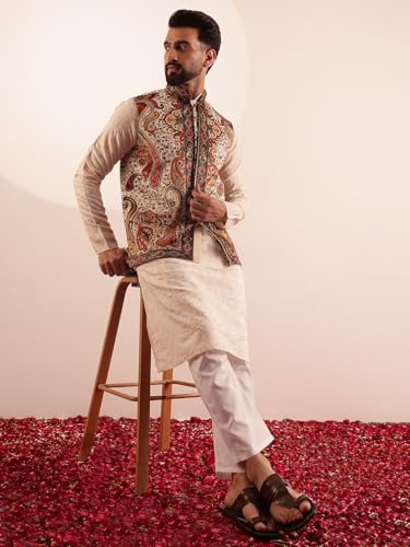Image of SOJANYA Men's Cotton Silk Cream Kurta & White Pyjama With Velvet Paisley Design Nehru Jacket