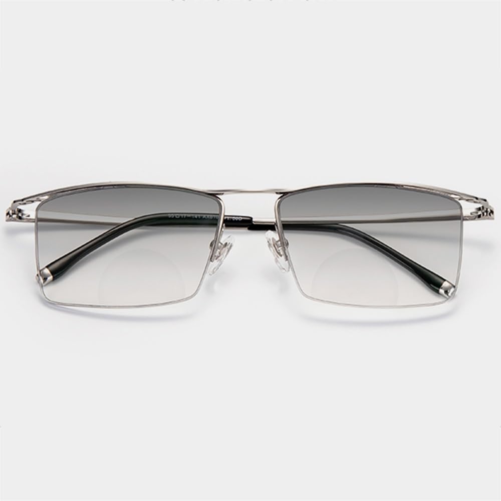 SFIVE Photochrome Lesebrille Progressive Multifocus Sonnenbrille Für Männer Metallrahmen Presbyopie Brille UV-Schutz 1.0-3.0 (Color : Black Silver, Size : +2.0)