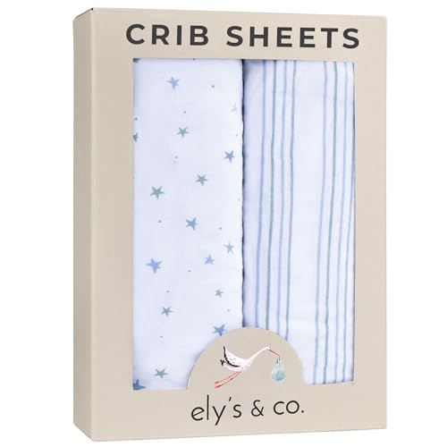 Image of Ely’s & Co. Crib Sheets, Baby Boy Fitted Crib Mattress Sheet Set, 2 Pack, 100% Jersey Knit Cotton, Infant and Toddler Nursery Bedding, Blue Stars + Stripes Print, 28” x 52”
