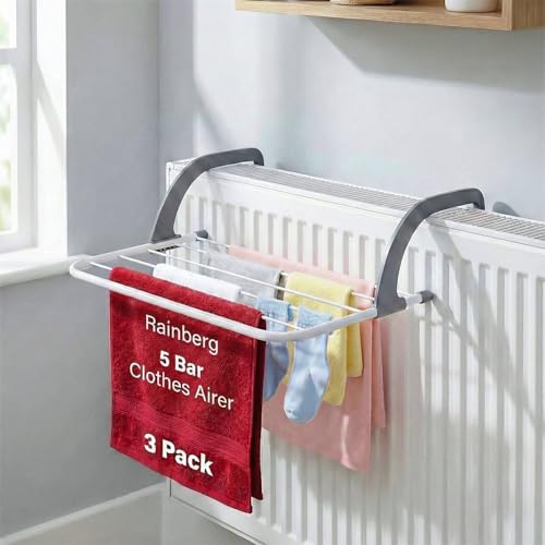 Rainberg 5 Bar Radiator Clothes Airer Rack, Foldable Airer with Adjustable Arms, Laundry Dryers Clothes, Hanging Drying Rack (Pack of 3)