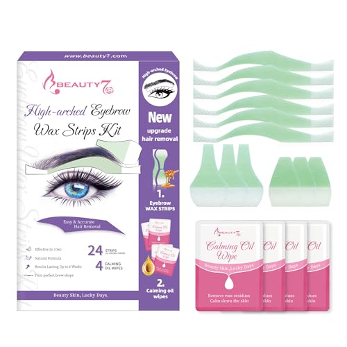 Beauty7 Eyebrow Waxing Strips, Form High-arched Eyebrow Strips Pre-cut for Face, 24 Eyebrow Strips with 4 Cleaner Oil Wipes, Cold Wax Strips Facial Hair Removal