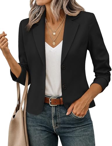 FOLUNSI Women's Business Casual Cropped Blazer Lapel Collar Long Sleeve Work Office Suit Jacket with Fully Lined Black, Medium