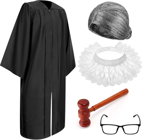 Stablerice 5 Pcs Judge Costume Accessory Set With Robe False Collar Wooden Gavel Wig and Glasses for Adult Halloween Cosplay RBG (Set A)