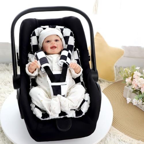 Image of DILIMI Infant Car Seat Insert, Baby Car Seat Head Support with 3 Strap Paddings, Soft Newborn Car Seat Cushion for Stroller, Swing, Bouncers, Black Checkered