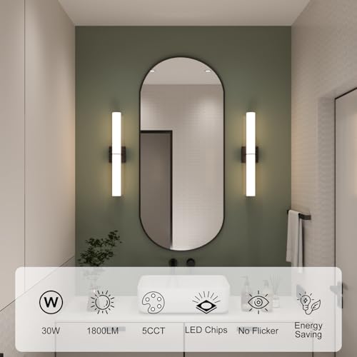 Image of 24 Inch 30W Led Bathroom Vanity Light,3000K-6000K Dimmable Vanity Lighting Fixtures with White Acrylic Lampshade,Indoor Hardwired Wall Light Over Mirror for Mirror Restroom(Black,1 Pack)