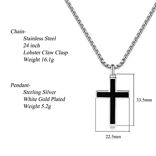 FANCIME White Gold Plated 925 Solid Sterling Silver Polished Black Men's Womens Crucifix Cross Pendant Long Fine Jewelry Valentines Day Gifts for Him,Stainless Steel Box Chain Length 24''2