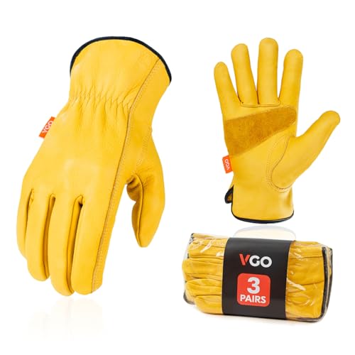 Vgo... 3 Pares Guantes de trabajo de cuero de vaca sin forro para hombres, guantes de aparejador, guantes de seguridad, guantes de constructor, palma parcheada (CA9590)