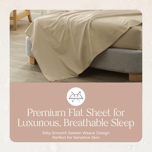 Image of Certified Organic King Flat Sheet Only - 100% Organic Cotton Top Sheet with Luxurious Soft and Breathable 300 Thread Count Sateen Weave Finish - GOTS & Fairtrade Certified (Dune, King)