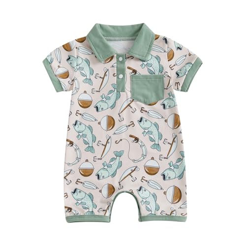 Image of Sasaerucure Newborn Infant Baby Boy Fishing Outfit First Birthday Clothes Summer Short Sleeve Romper Jumpsuit