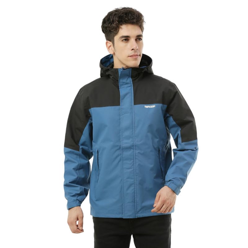 Image of ZEEL Raingear Stylish Rain Jacket for Men Waterproof for Bike Riders with Adjustable Hood along with inner pockets,Waterproof Rainwear with Lightweight Polyester Jacket, ZRS012 Black Blue 2XL