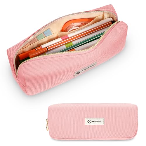 Image of FINPAC Pencil Case, Corduroy Aesthetic Makeup Bag, Cute Kawaii Pen Bag Pouch Holder Box Organize for Study, Office, or Travel (Pink)