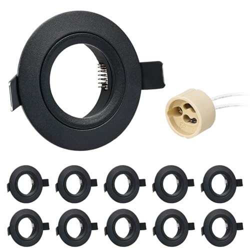 URing Faretto Incasso Cartongesso GU10 Alluminio Nero, Cornice Faretti led da incasso per cartongesso Rotondo Portafaretto incl. Portalampada GU10 per lampade LED e Alogeno, Foro ø65mm, Set da 10