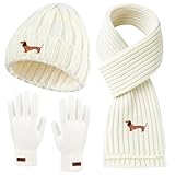 Geyoga Damen Mütze Schal Handschuhe Set Dackel Geschenke Hundeliebhaber Geschenke für Damen Weiße Handschuhe Warmer Langer Schal Weiche Strick Dackel Mütze Dachshund Geschenke für Kaltes Wetter