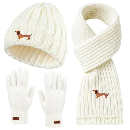 Geyoga Damen Mütze Schal Handschuhe Set Dackel Geschenke Hundeliebhaber Geschenke für Damen Handschuhe Warmer Langer Schal Weiche Strick Dackel Mütze Dachshund Geschenke für Kaltes Wetter(Weiß)