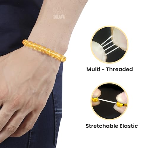 Image of SOLAVA Citrine Bracelet Original Certified with Selenite Plate | Yellow Citrine Crystal Stone Bracelet for Men & Women | Natural 8mm Beads for Money, Success & Energy Cleansing