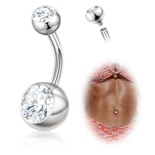 DAI JY Titanium Belly Button Rings, 14G Belly Button Piercing 14mm 12mm 10mm 8mm Short Long Belly Ring Cubic Zirconia Internally Threaded Navel Piercing Jewelry for Women Men (Silver, 14g-10mm)