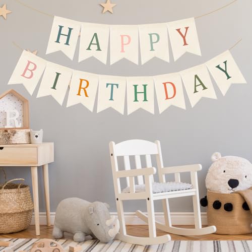 Image of Doumeny Happy Birthday Burlap Banner Boho Birthday Garland Bunting Sage Green Pink Bohemian Party Hanging Flag White Happy Birthday Party Bunting Garland for Women Men Birthday Photo Backdrop