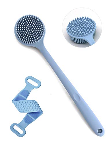 Silicone Back Scrubber, Bath Body Brush for Exfoliating, Long Handle Shower Brush with Elastic Bath Shower Towel – Gently Massage, Lathers Well, Eco-friendly, Improve Circulation (Blue)