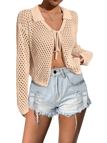 Image of Womens Tie Front Crochet Cardigan Sweaters Lightweight Hollow Out Beach Cover Up Long Sleeve Collared Summer Shrug
