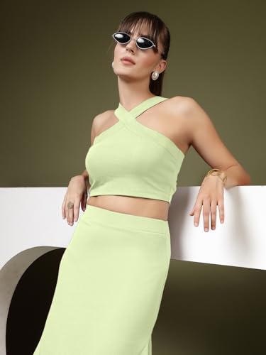 Image of OOMPH! Women Stretchable Relaxed Fit Crop Top With Stylised Shoulder Straps