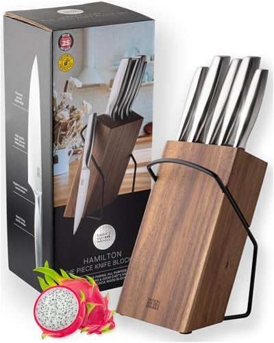 Taylors Eye Witness 5 Piece Knife Block Set – Razor Sharp Full Metal Kitchen Knives with Stylish Acacia Wood Storage. Stainless Steel Precision, Durable, Includes Paring, Chef, Bread & Carving Knives